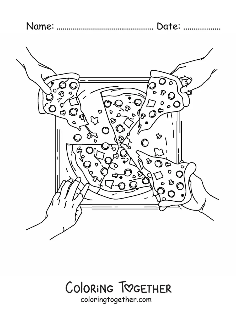 Coloring page of several hands grabbing slices from a pizza in a box