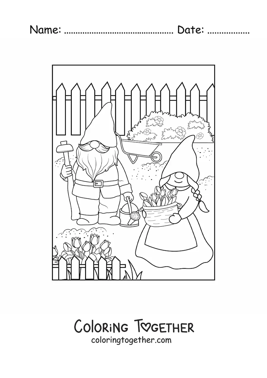 Coloring page of a couple of gnomes planting flowers in the garden