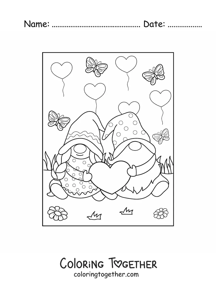 Coloring page of a couple of gnomes in love on Valentine's Day