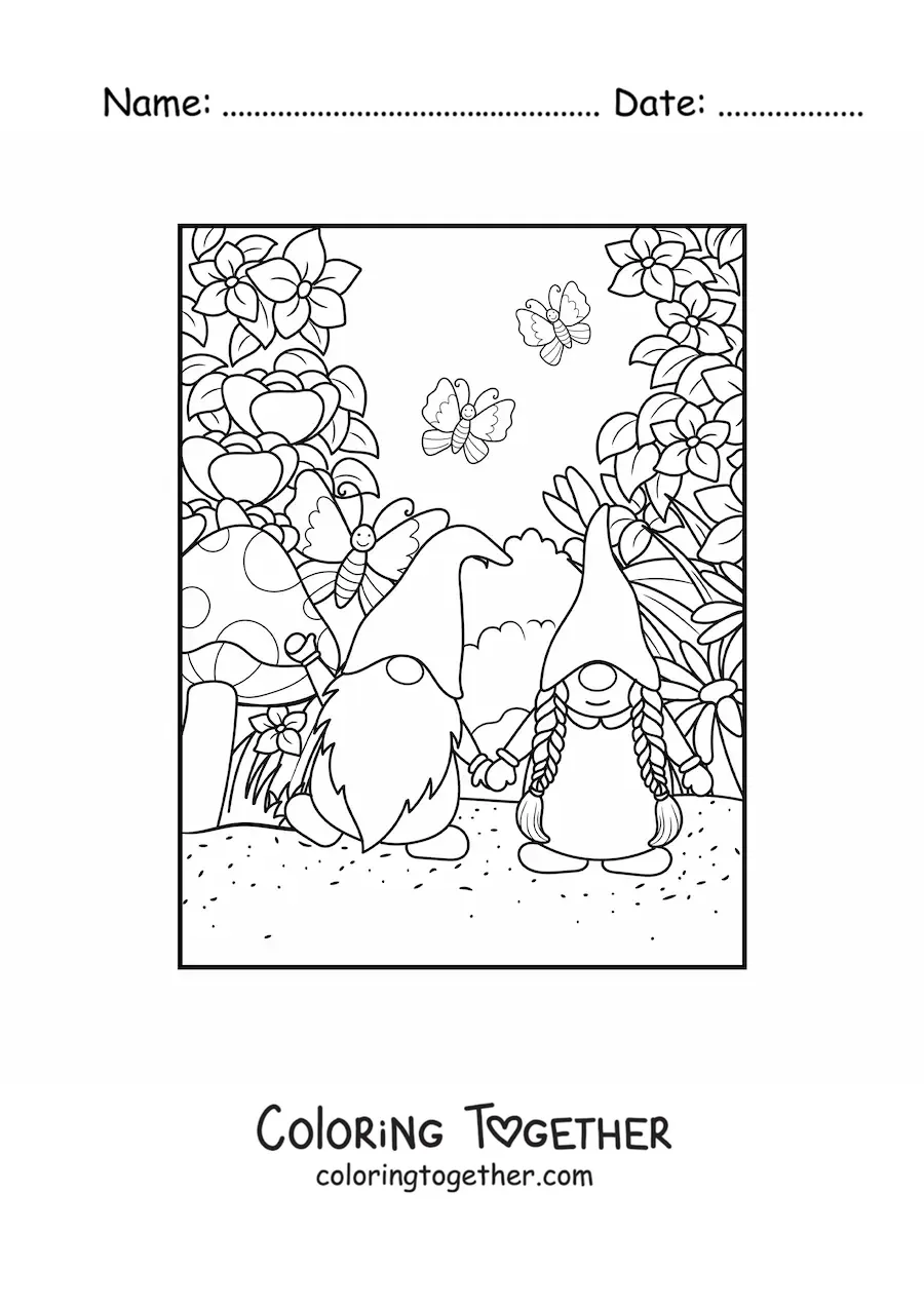 Coloring page of a couple of gnomes in love in a garden with butterflies and flowers
