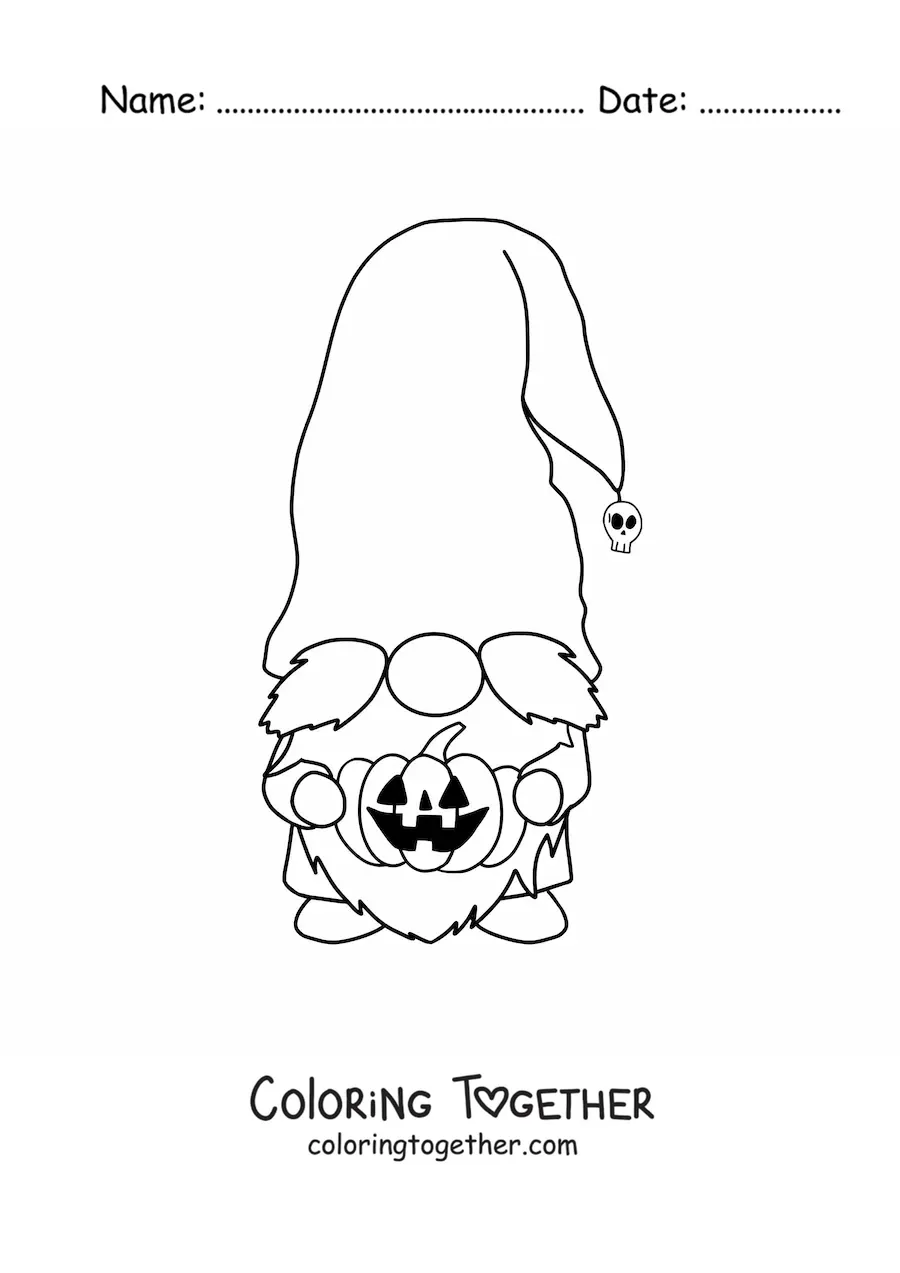 Coloring page of a Halloween gnome with a pumpkin