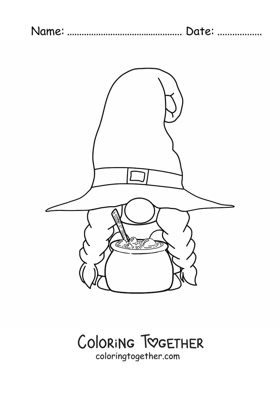 Coloring page of a Halloween gnome with a cauldron
