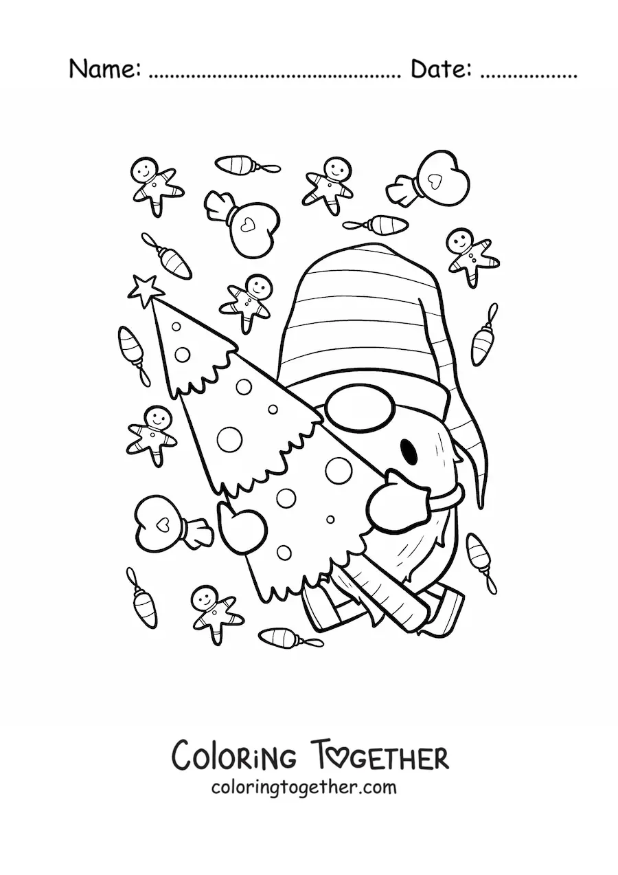 Coloring page of a Christmas gnome with a little tree