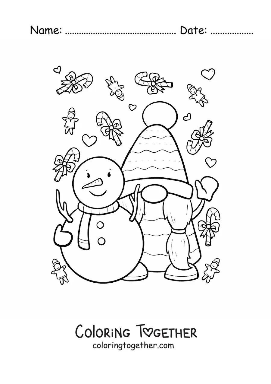 Coloring page of a Christmas gnome with a snowman