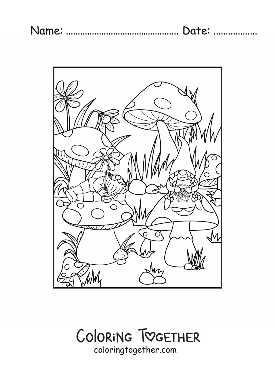Coloring page of a couple of gnomes sitting on mushrooms