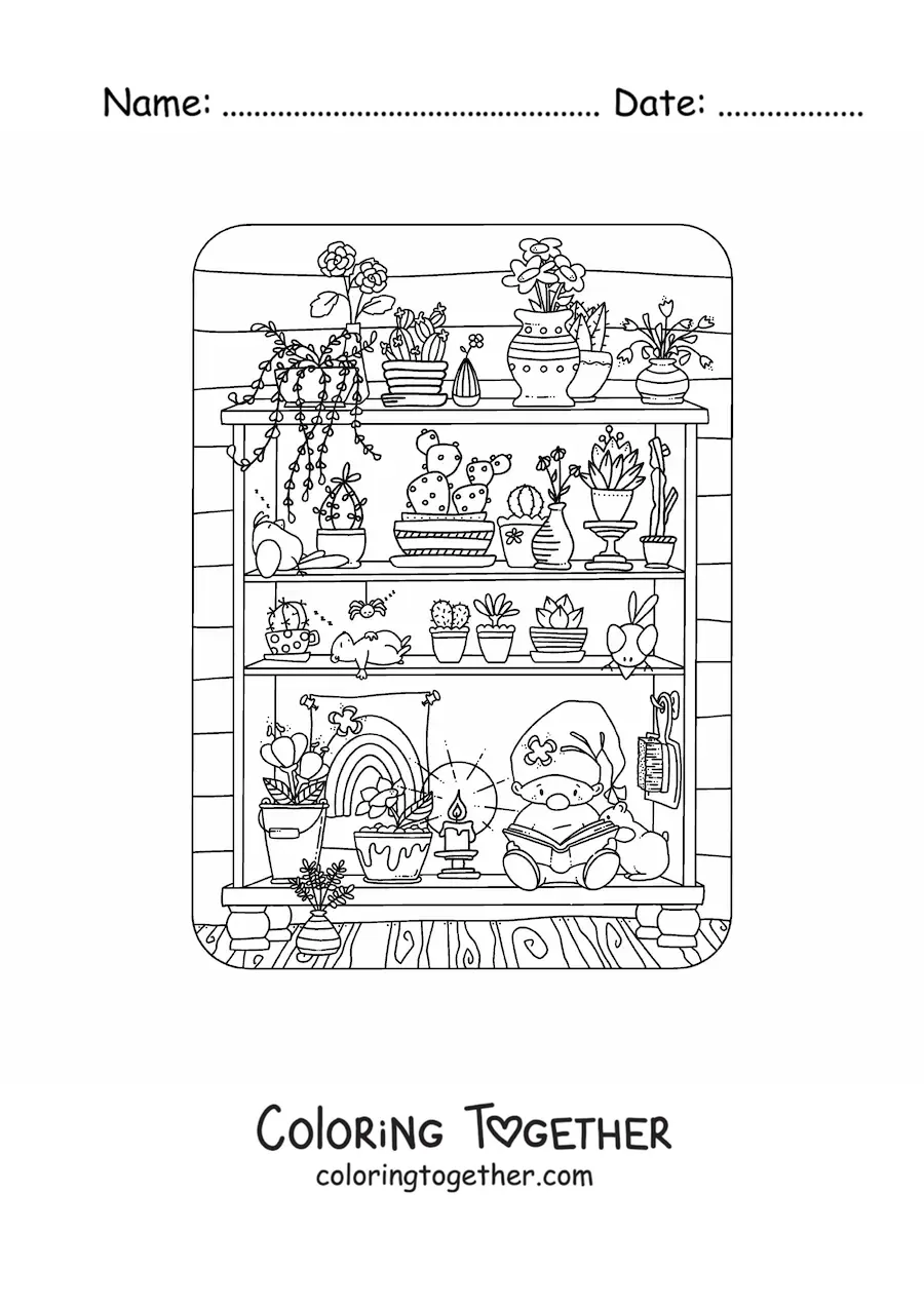 Coloring page of a gnome reading on a shelf with plants