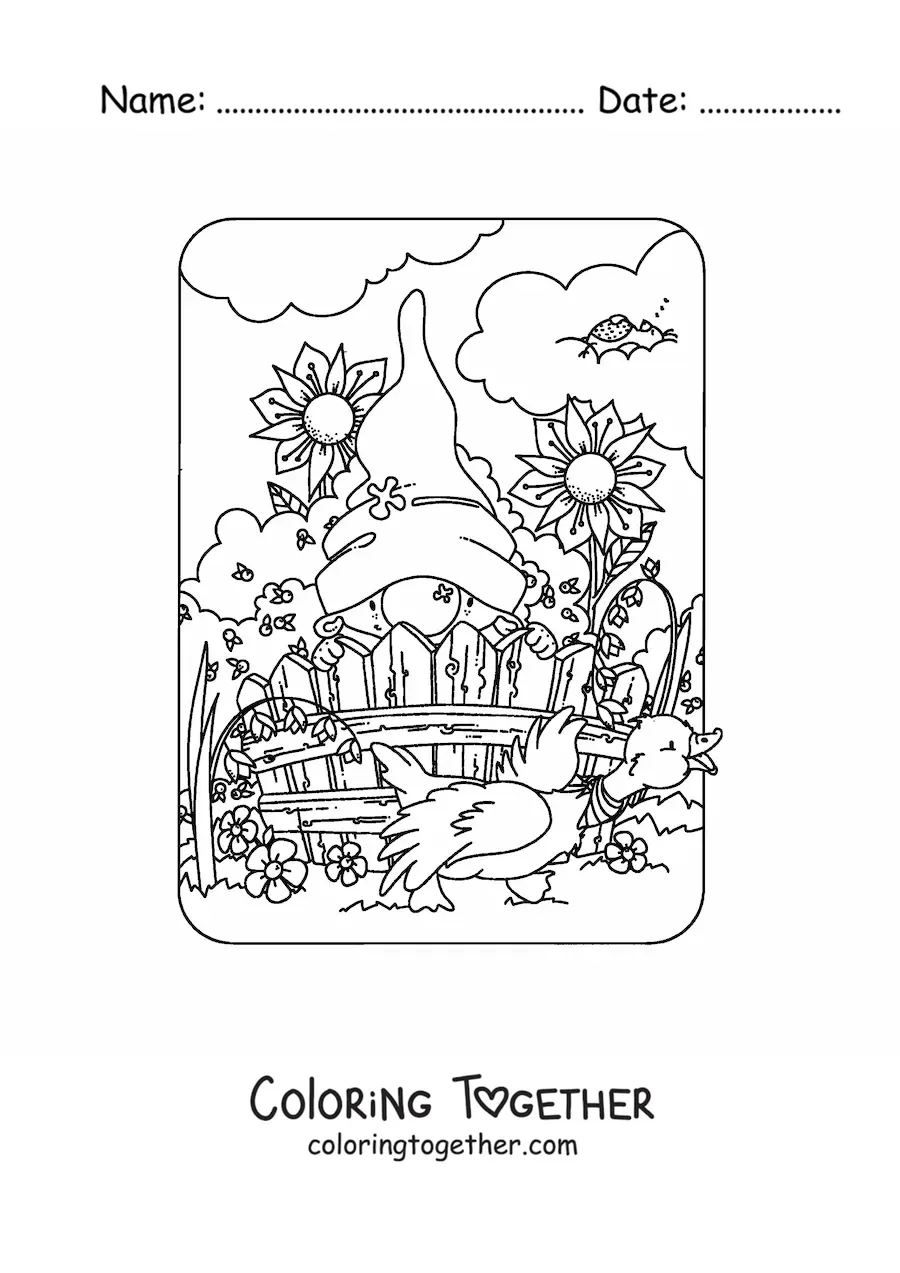 Coloring page of a cute gnome in a garden with flowers