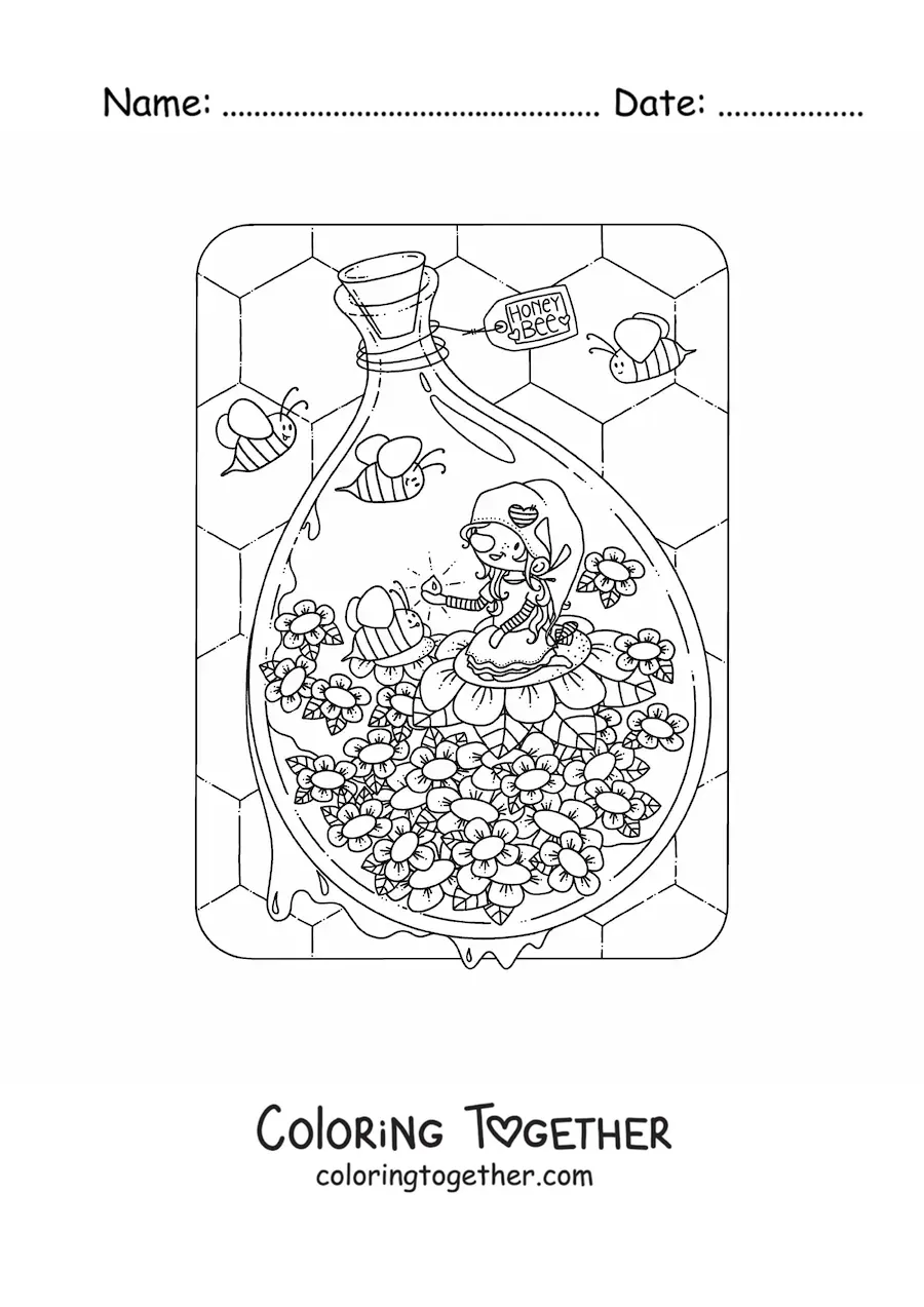 Coloring page of a gnome sitting in a garden with bees