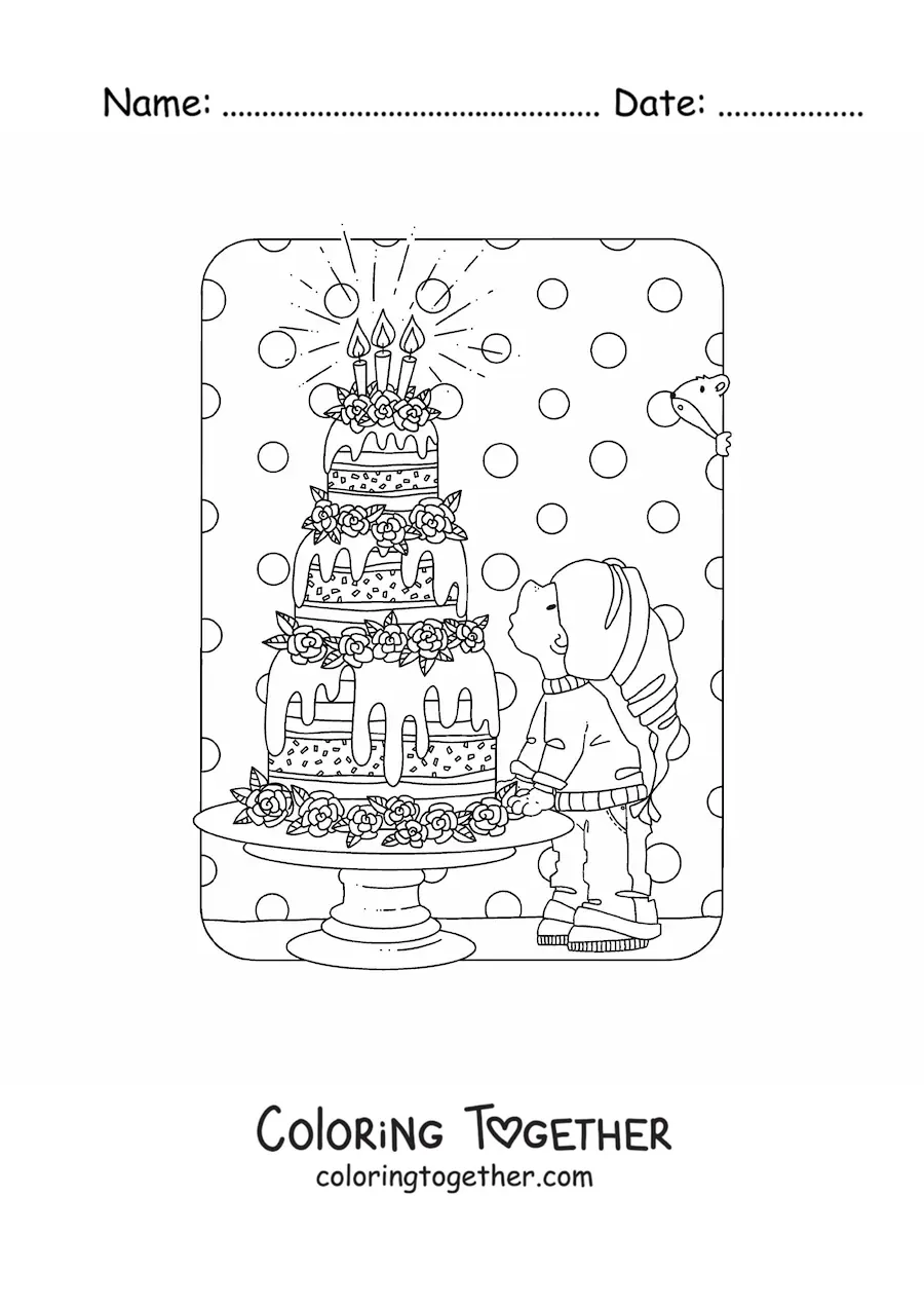 Coloring page of a kawaii gnome with a birthday cake
