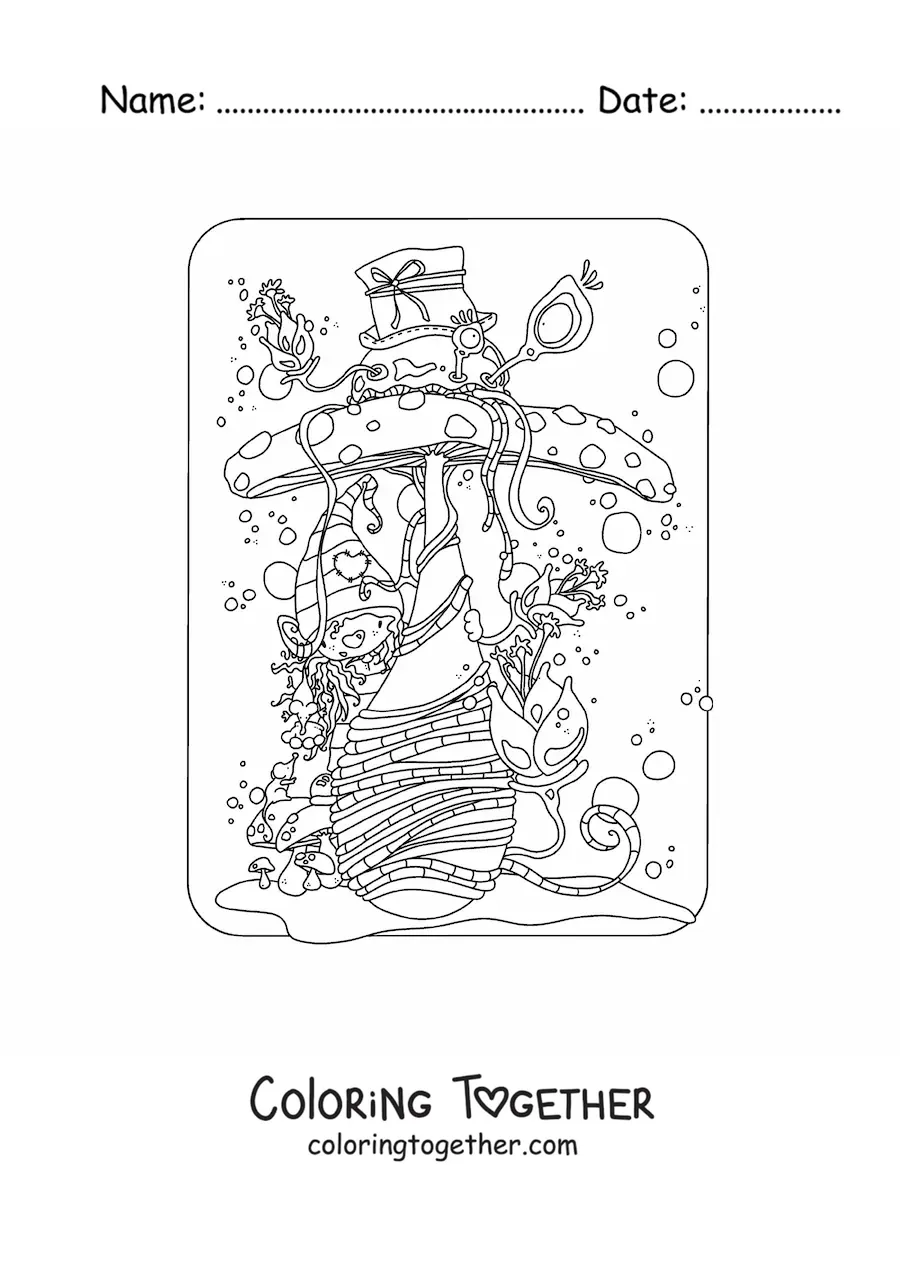 Coloring page of a cute gnome hiding behind a mushroom