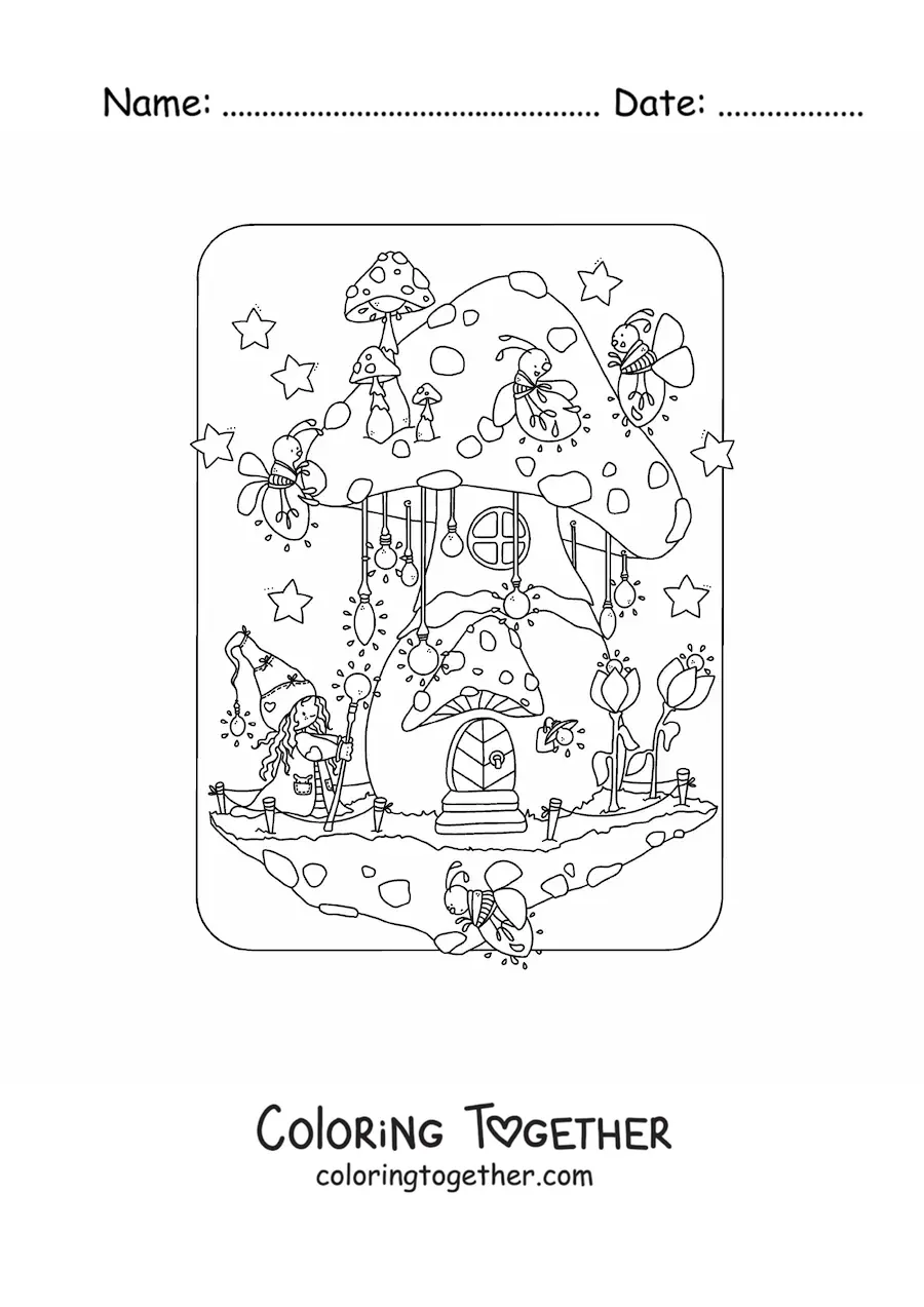 Coloring page of a magic gnome and animated fireflies in a mushroom-shaped house