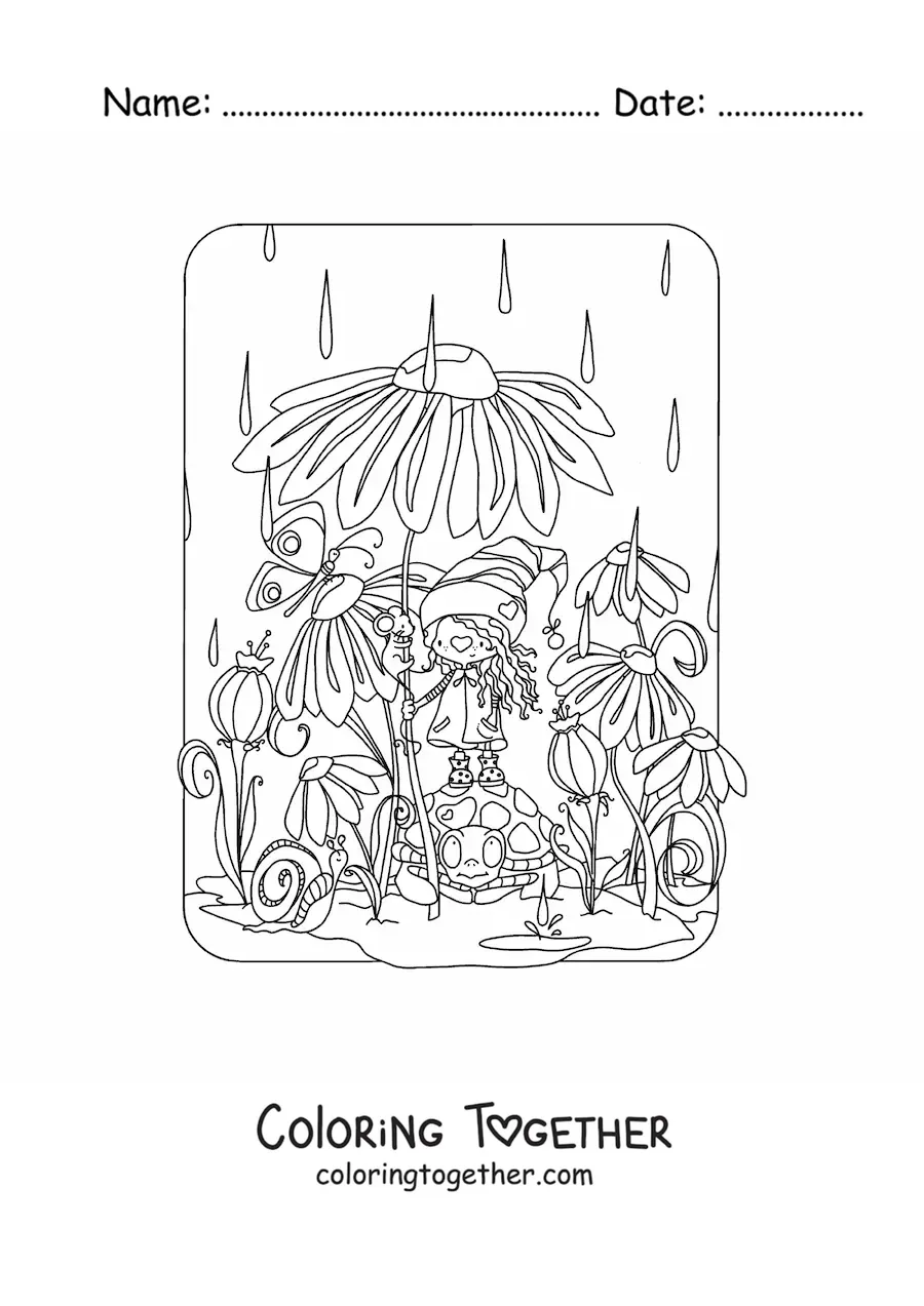 Coloring page of a kawaii gnome using a flower as an umbrella