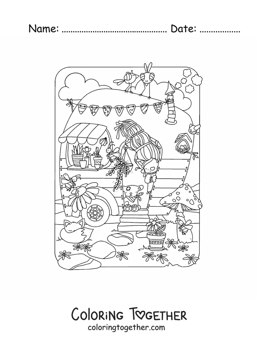 Coloring page of a gnome woman in her magic house