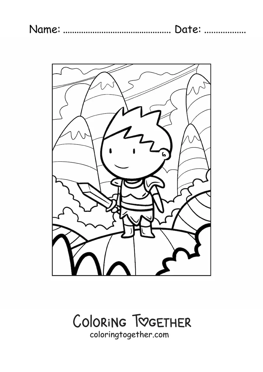 Coloring page of an animated knight with a sword in the mountains