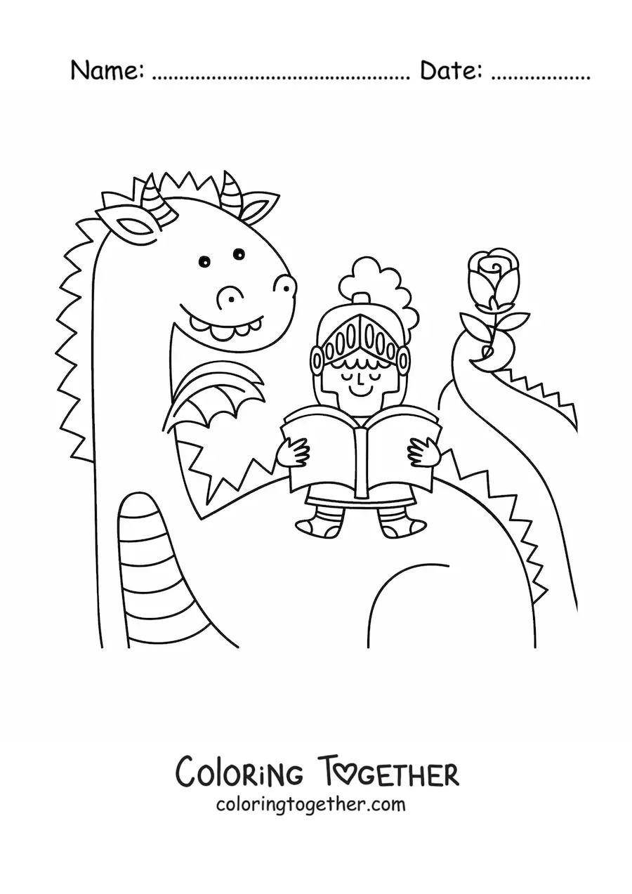 Coloring page of a kawaii knight reading a book sitting on a dragon