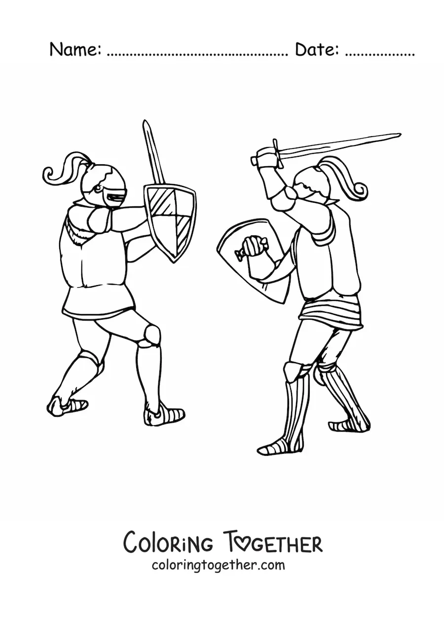 Coloring page of an epic duel of medieval knights