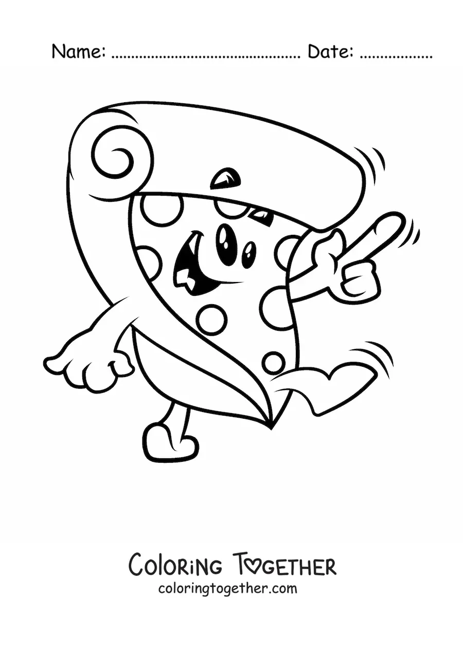 Coloring page of an animated pizza waving