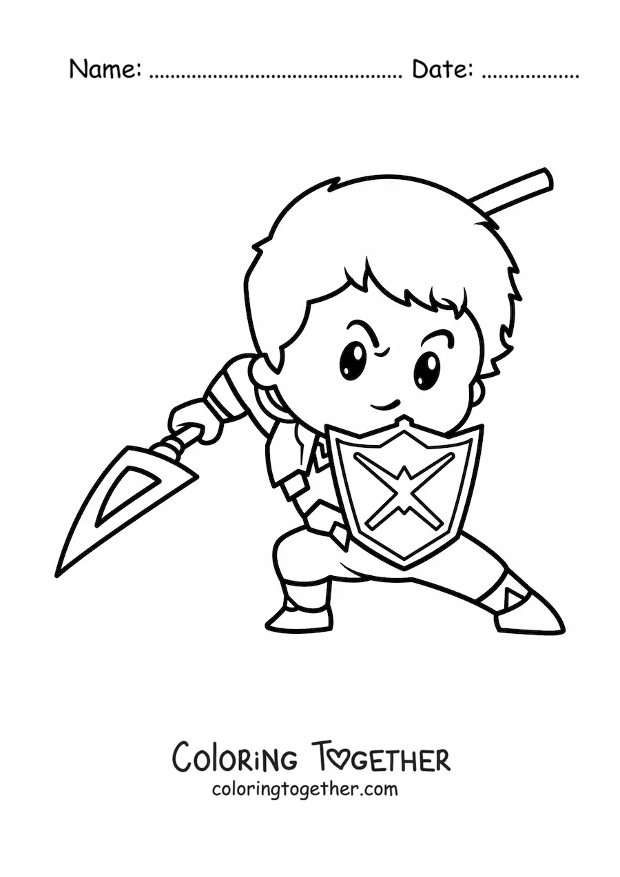 Coloring page of an animated heroic knight fighting