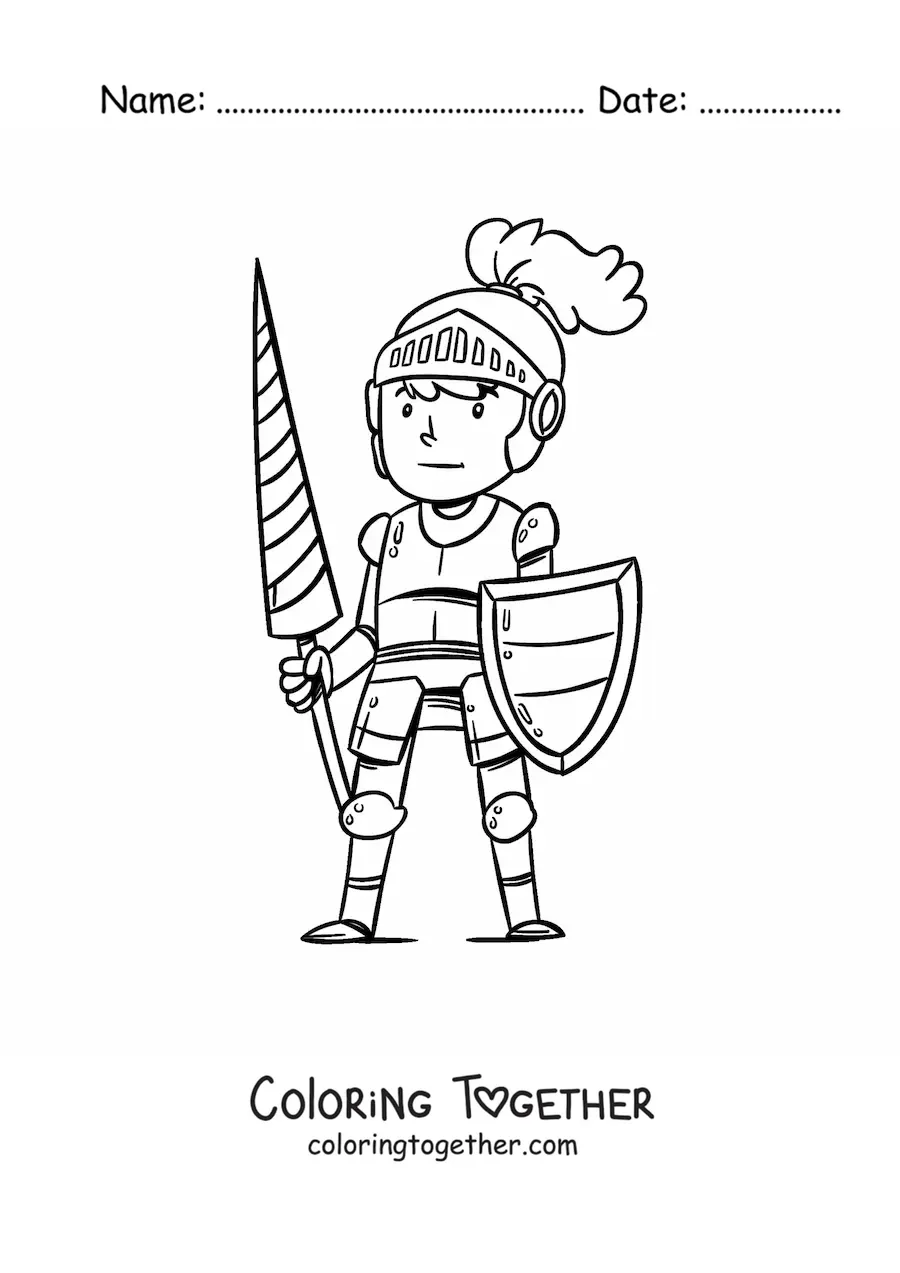 Coloring page of an animated heroic knight