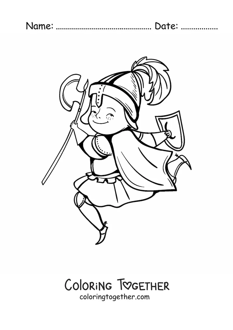 Coloring page of an animated medieval knight jumping