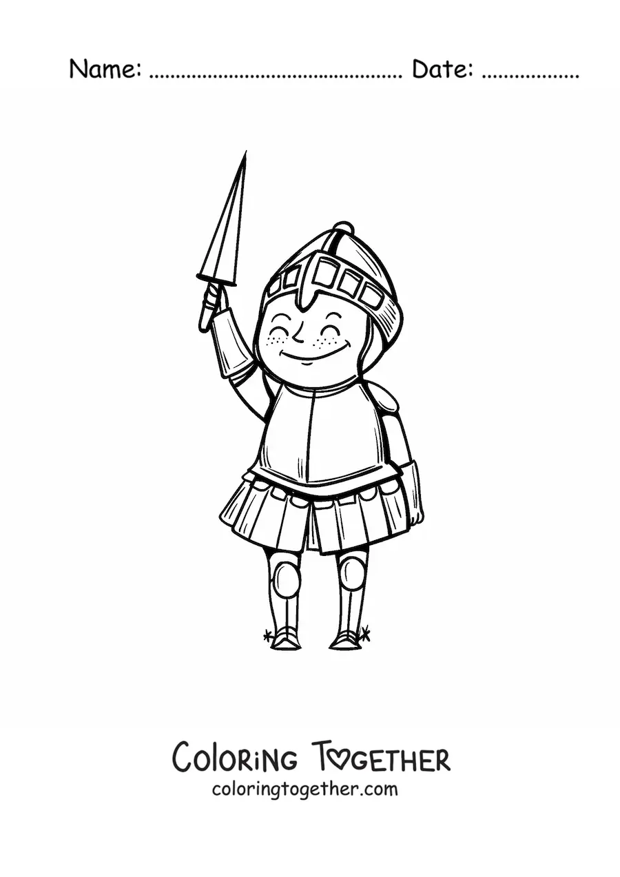 Coloring page of an animated medieval knight with a sword
