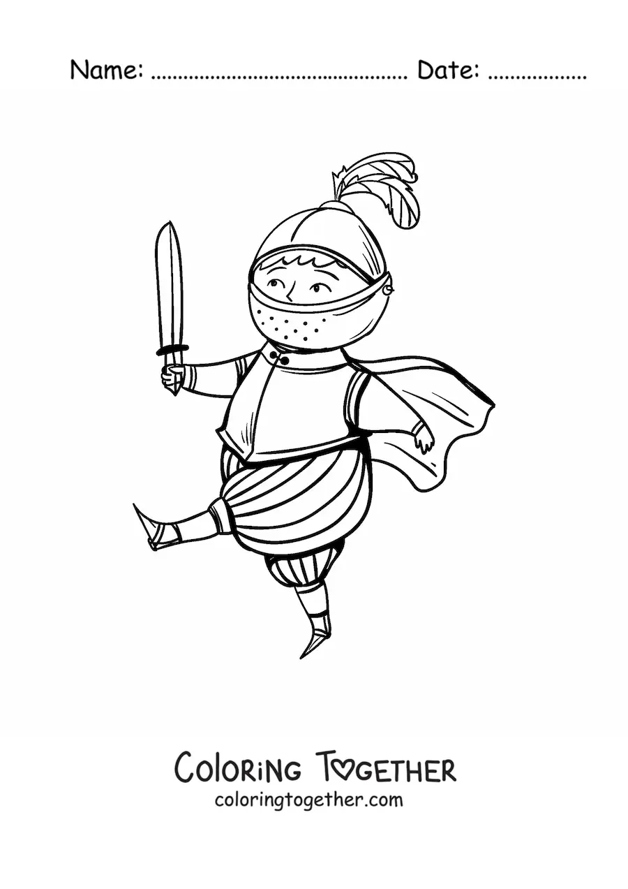 Coloring page of an animated knight with a helmet