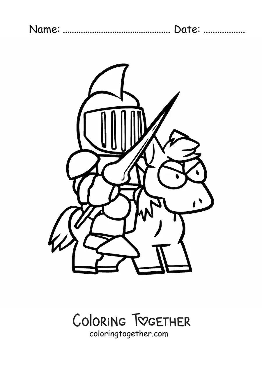 Coloring page of a cartoon of a knight on a horse