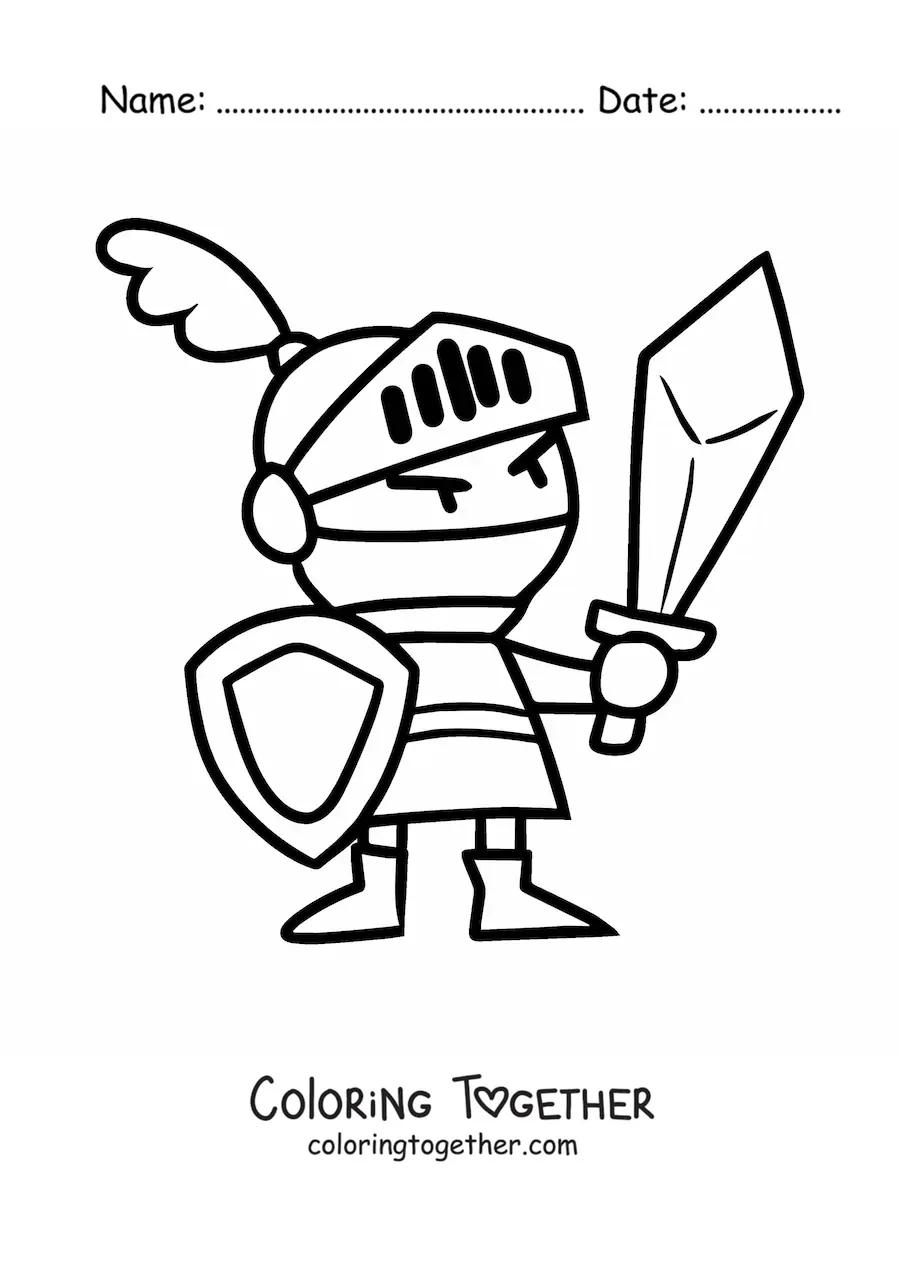 Coloring page of a cartoon of a knight with sword and shield