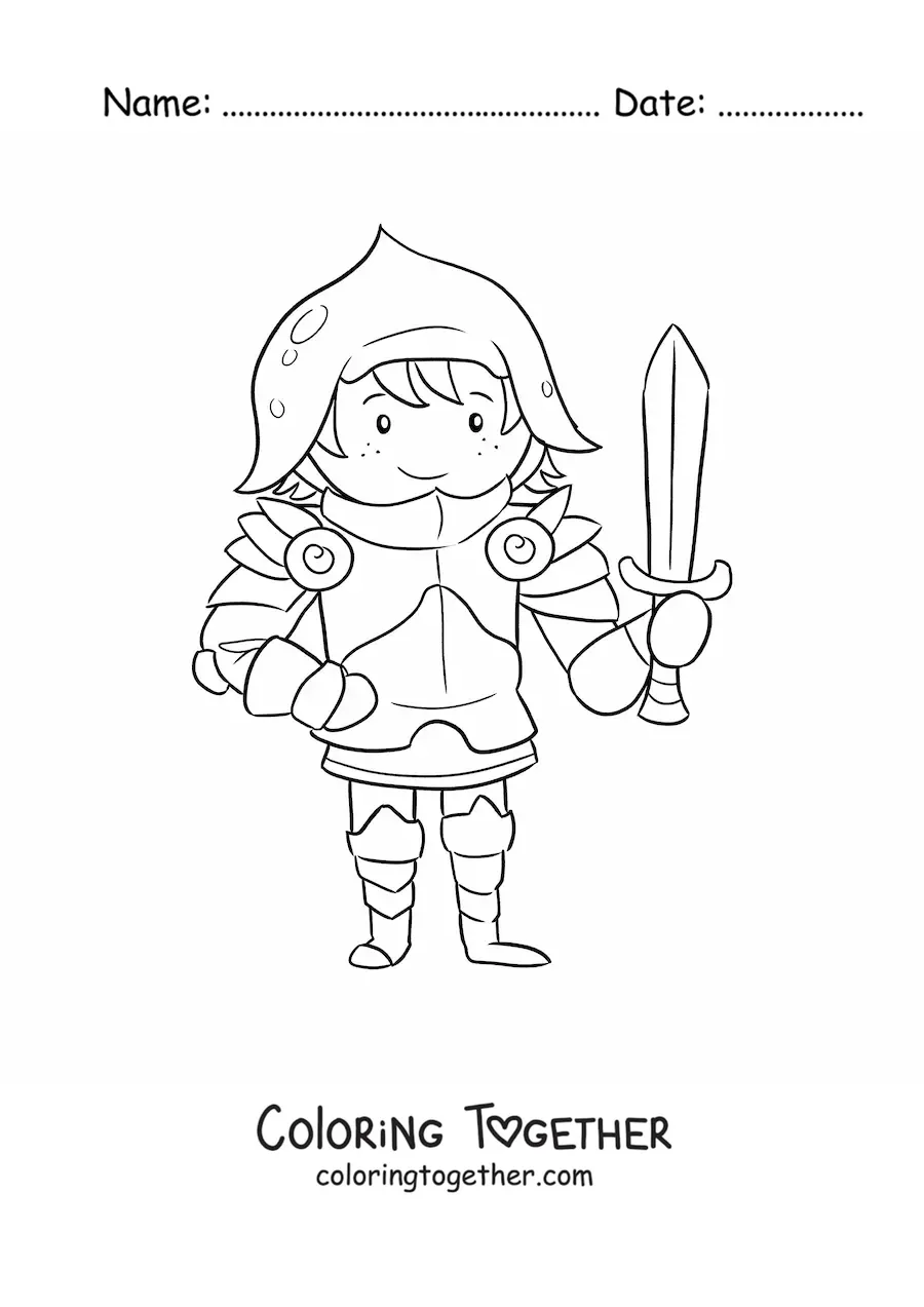 Coloring page of an animated knight with armor and sword