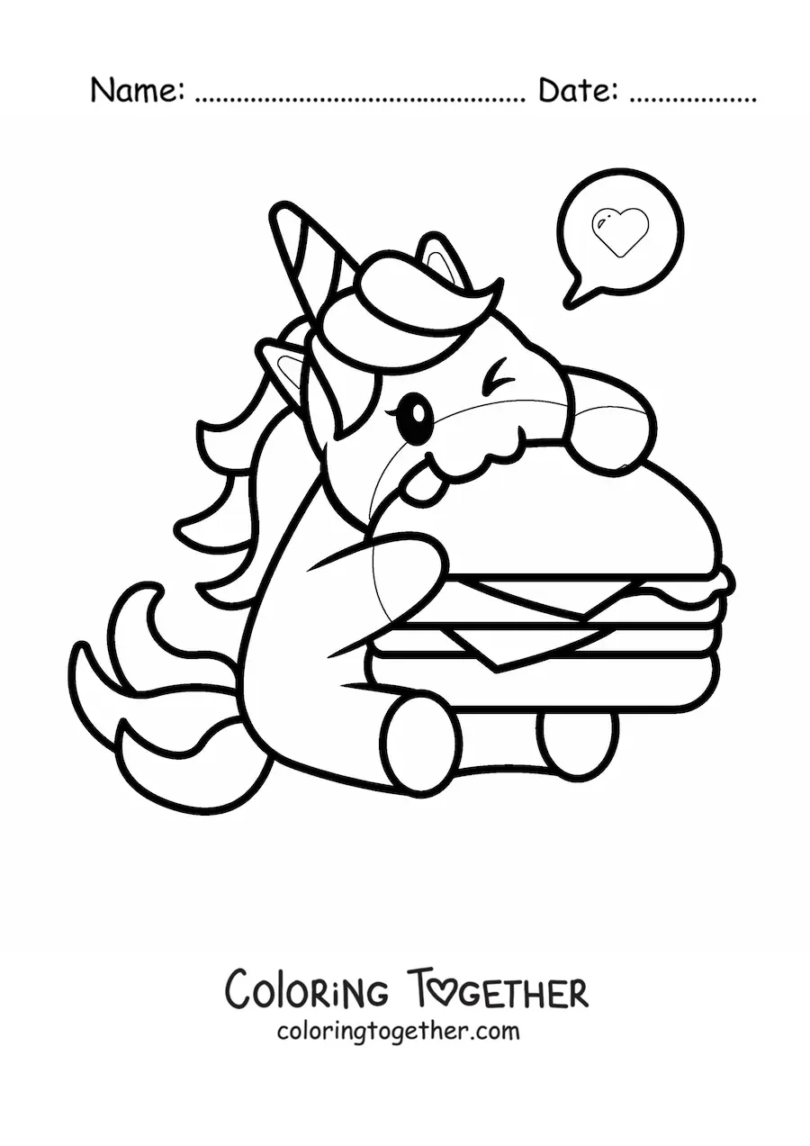 Coloring page of a kawaii unicorn eating a giant hamburger with a heart