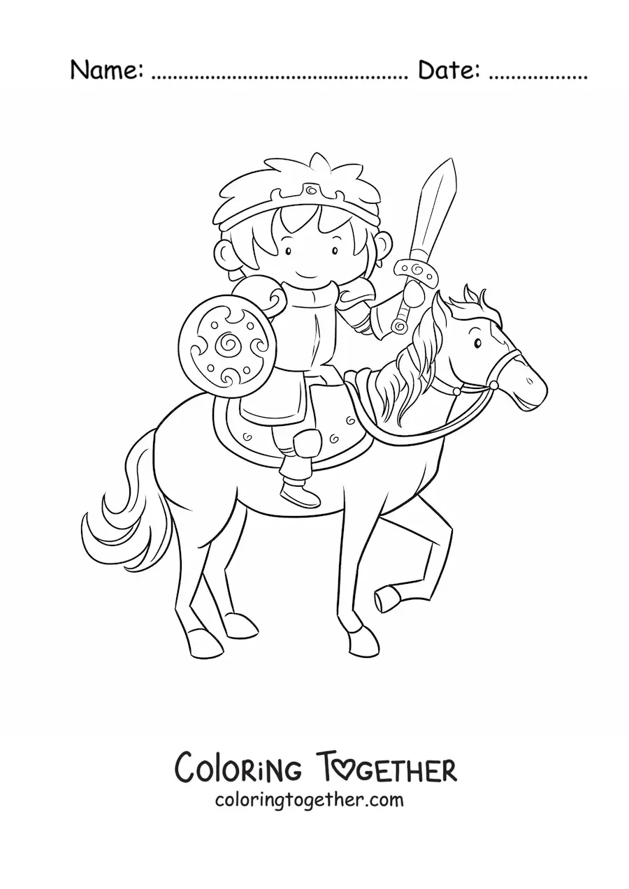 Coloring page of an animated knight with sword and shield riding a horse