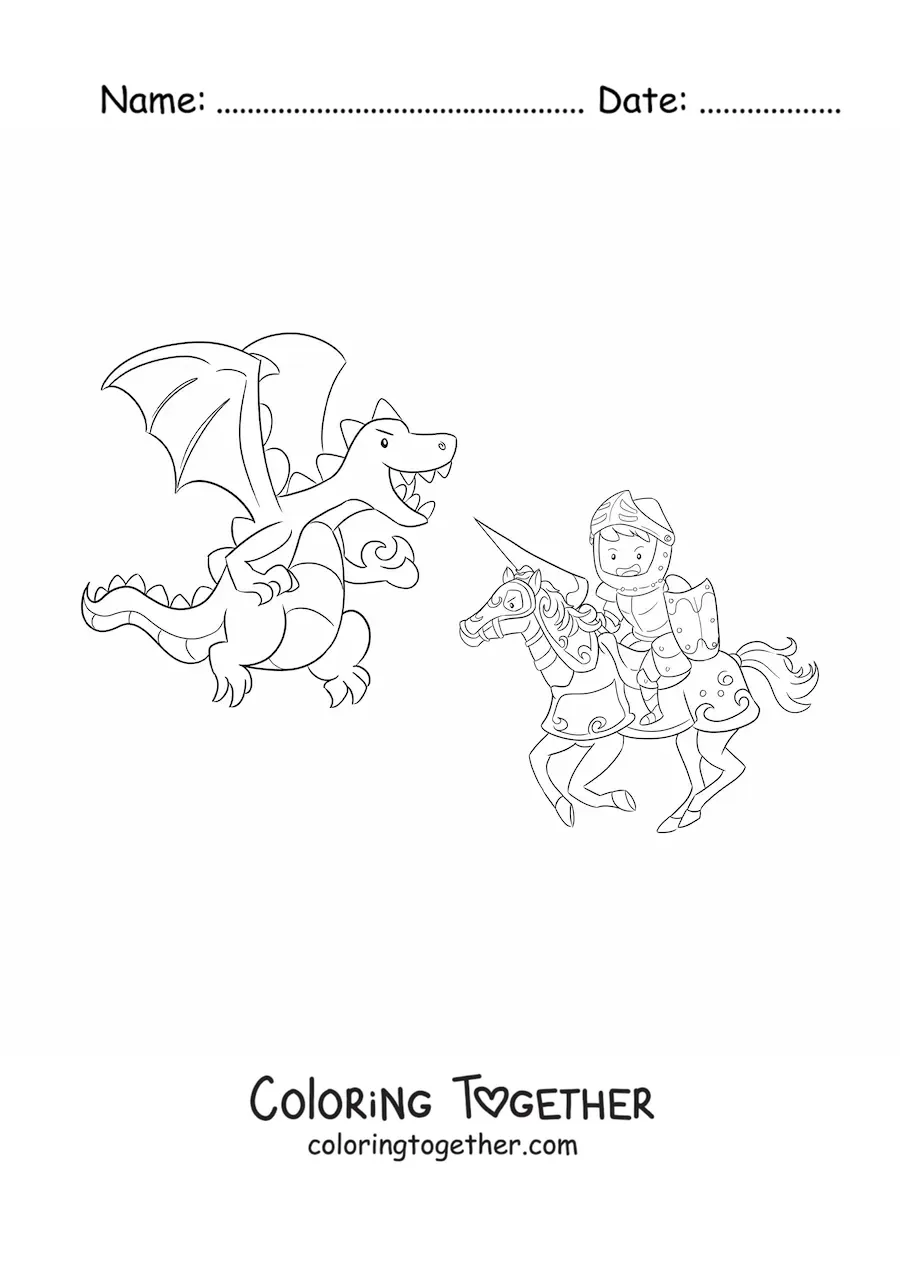 Coloring page of an animated heroic knight fighting a dragon