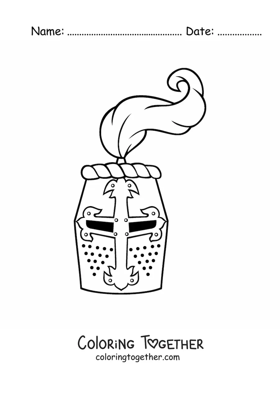 Coloring page of a medieval knight's helmet from the front