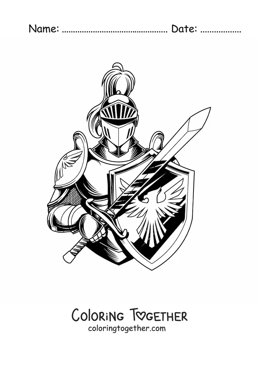 Coloring page of a realistic knight with sword and shield
