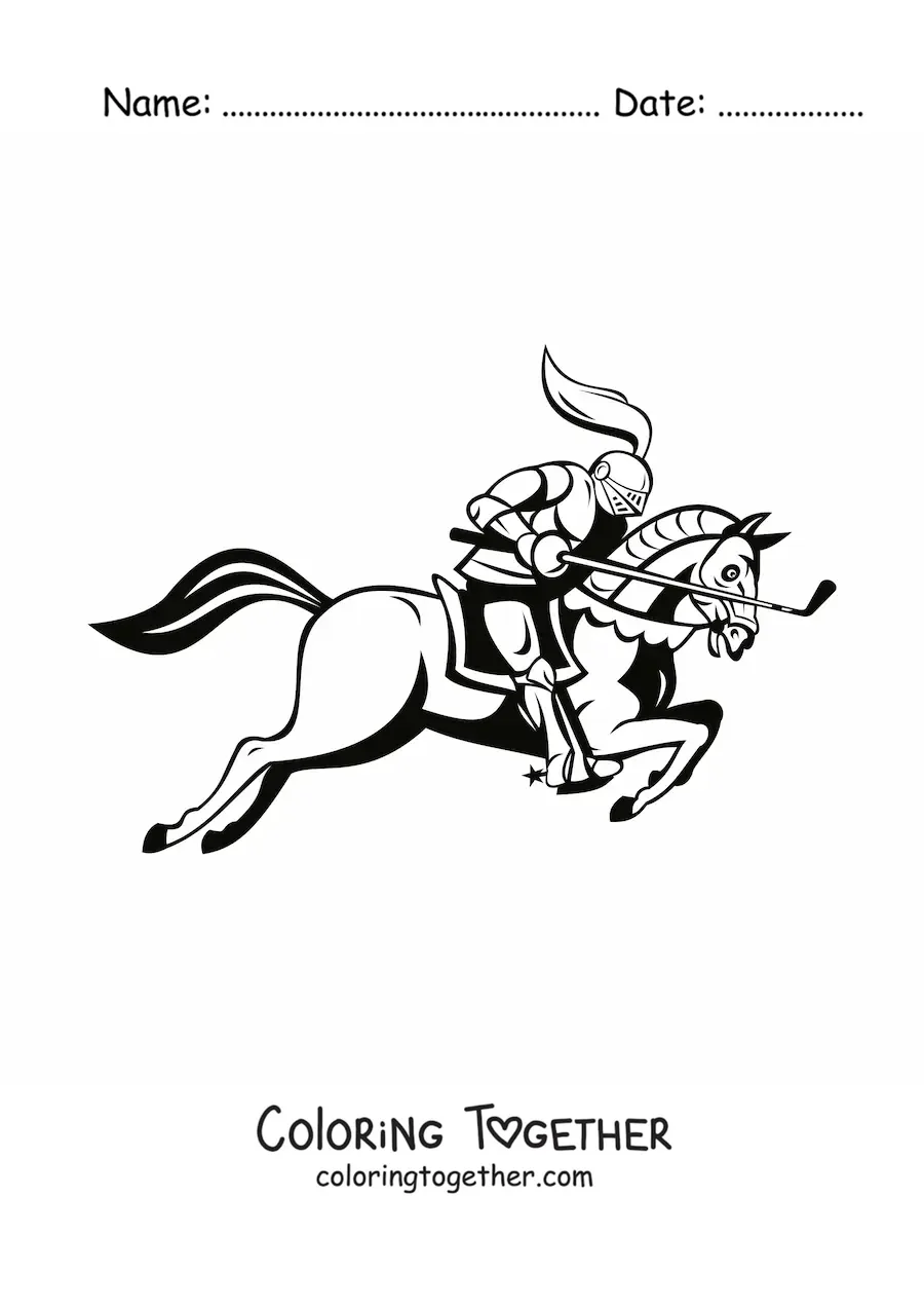 Coloring page of a knight with a golf club on a horse