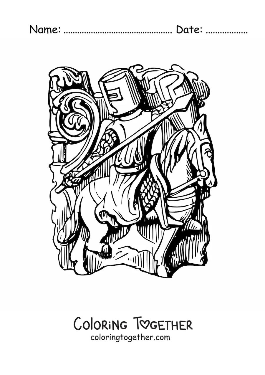 Coloring page of a knight with a spear and shield on his steed