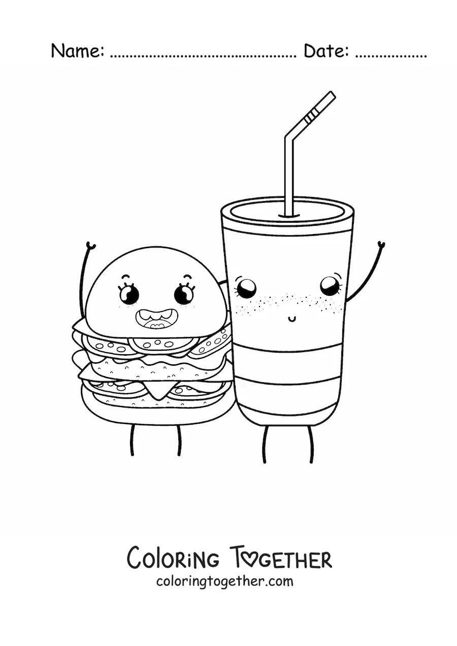 Coloring page of a smiling kawaii hamburger and soda