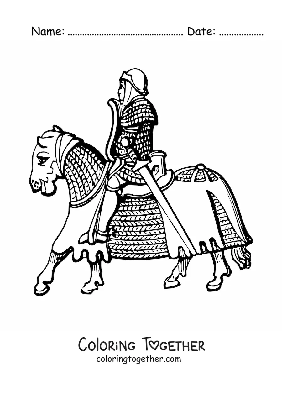 Coloring page of a knight riding a horse with armor