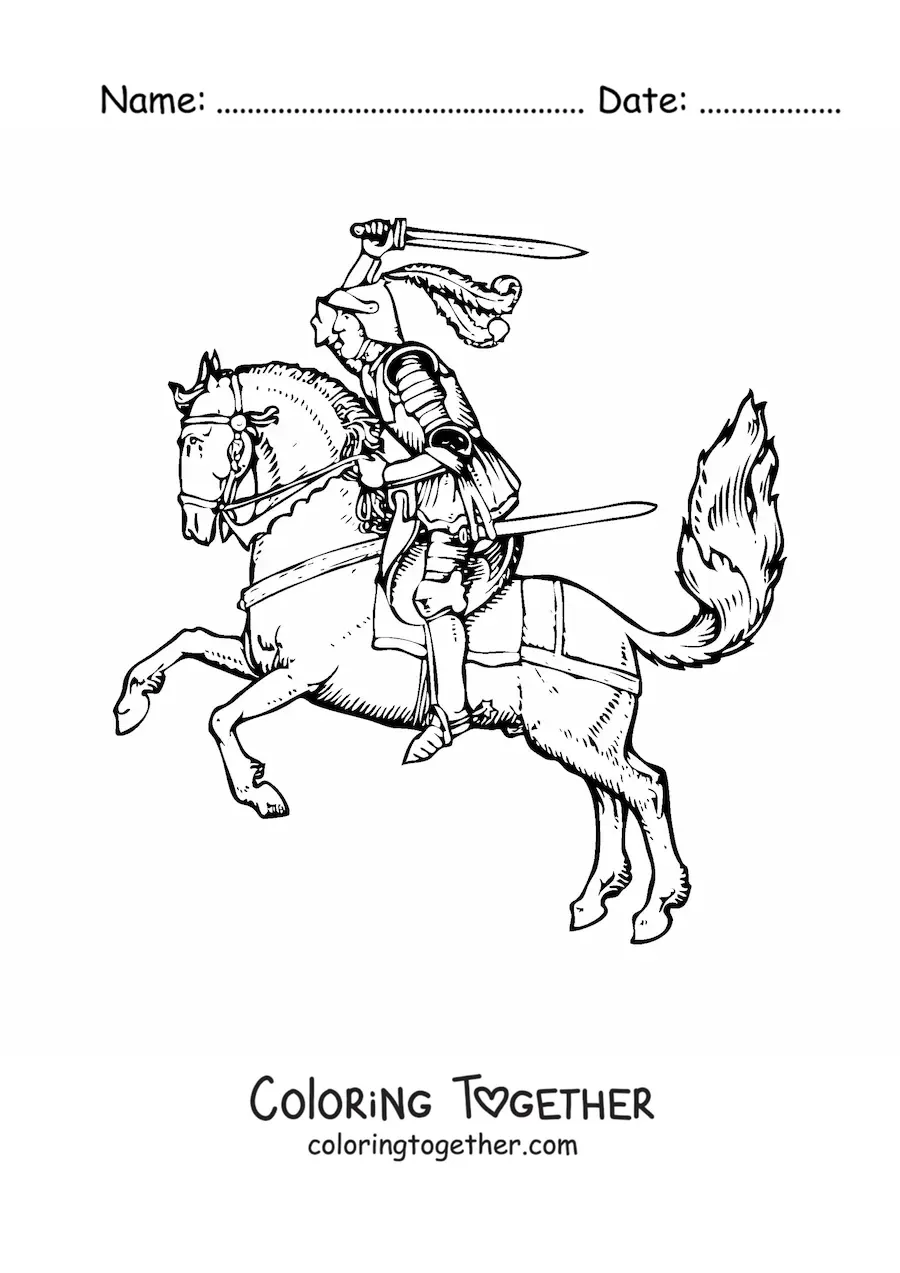 Coloring page of a knight in shining armor on his steed
