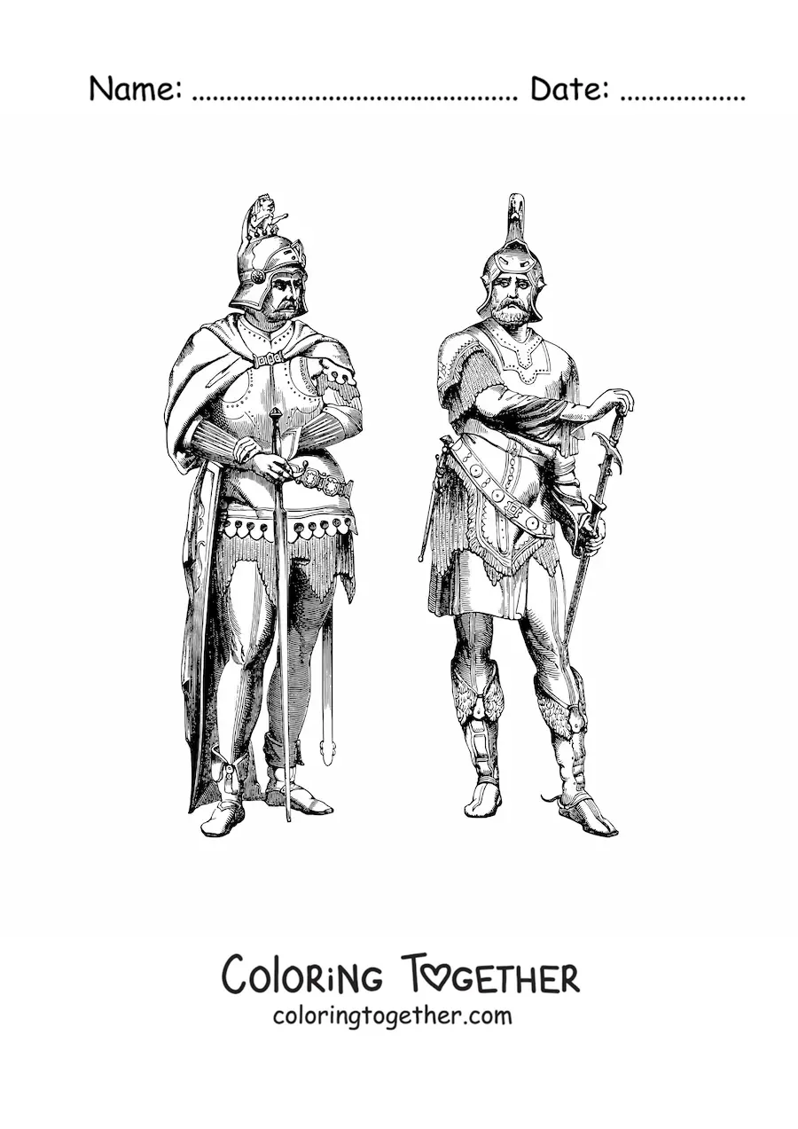 Coloring page of realistic knights