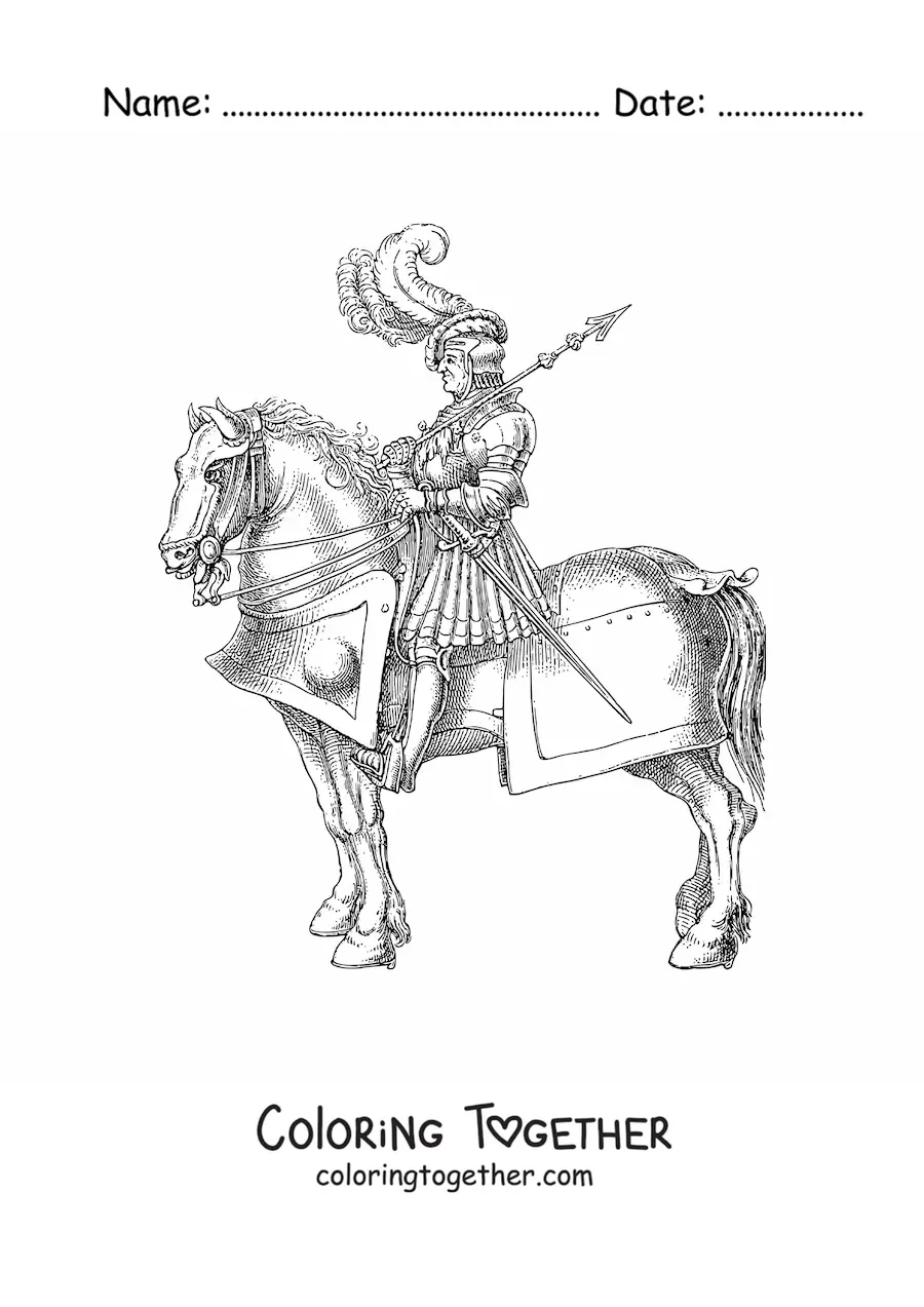 Coloring page of a realistic knight in shining armor on his steed