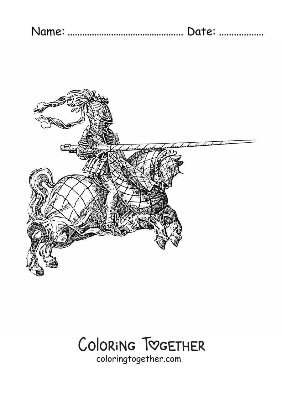Coloring page of a realistic knight in a joust