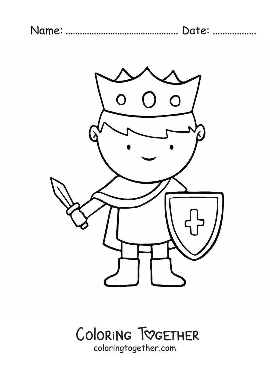 Coloring page of a kawaii king with a sword