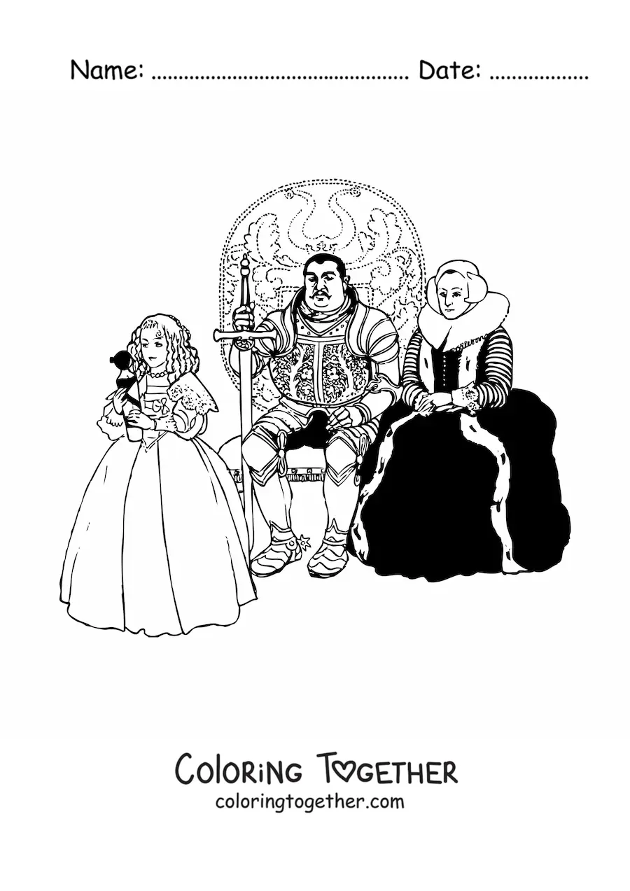 Coloring page of a realistic king and queen sitting on thrones