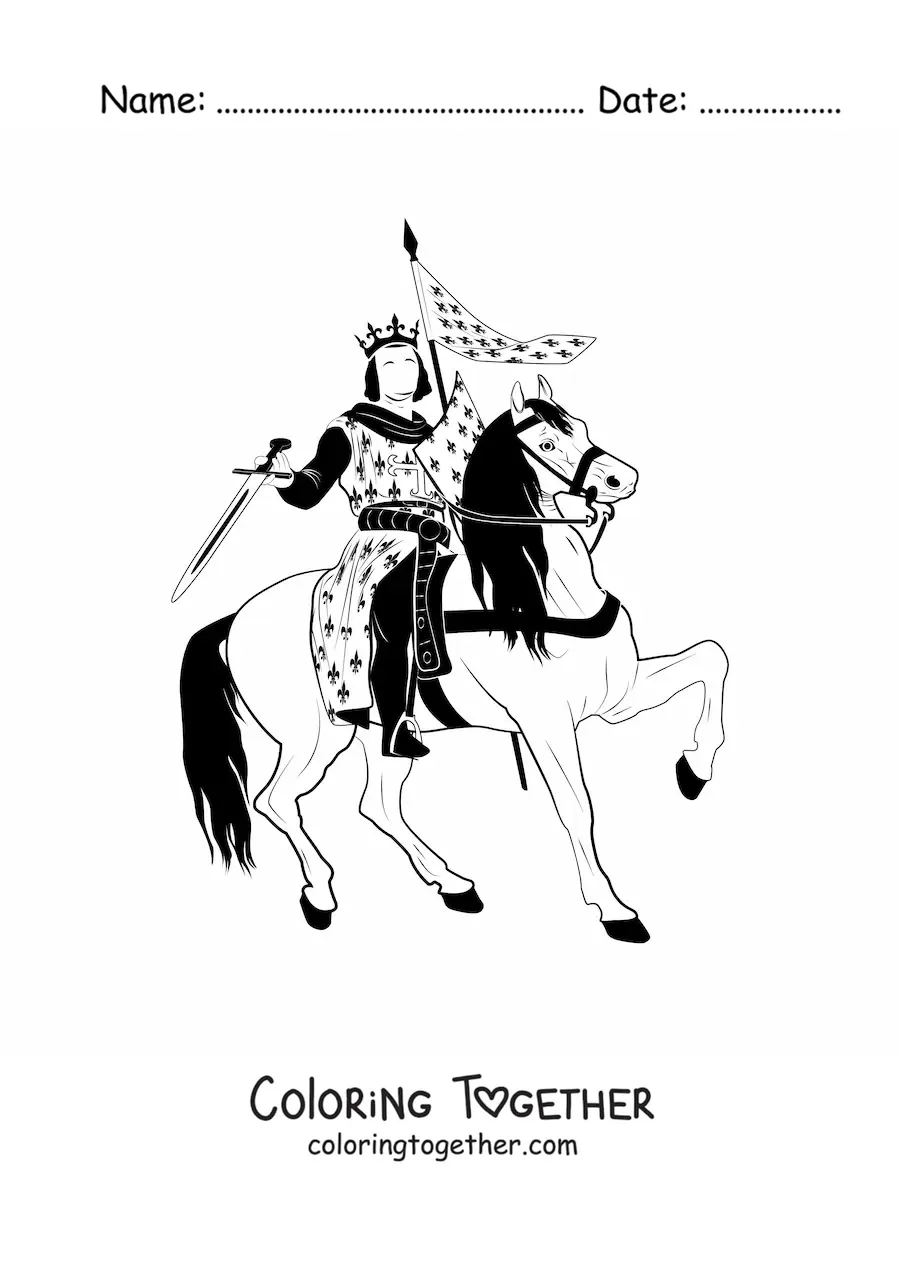 Coloring page of a king with a sword fighting on a horse