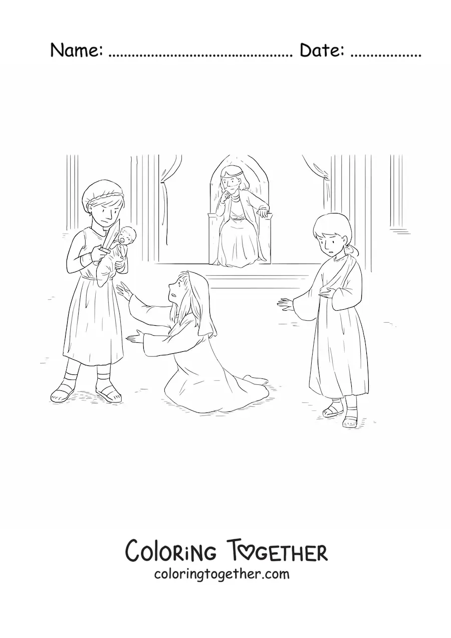 Coloring page of a king and his subjects