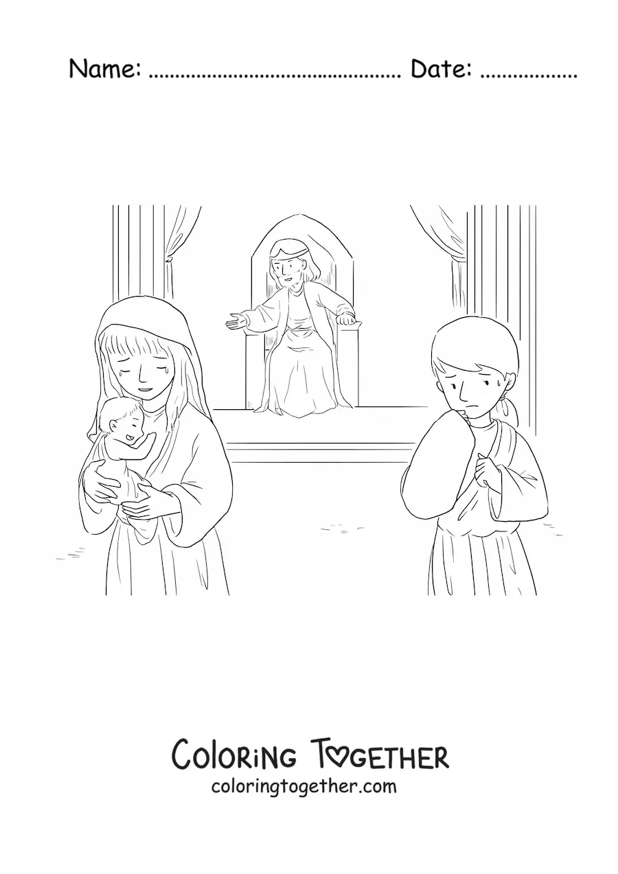 Coloring page of a king and his subjects
