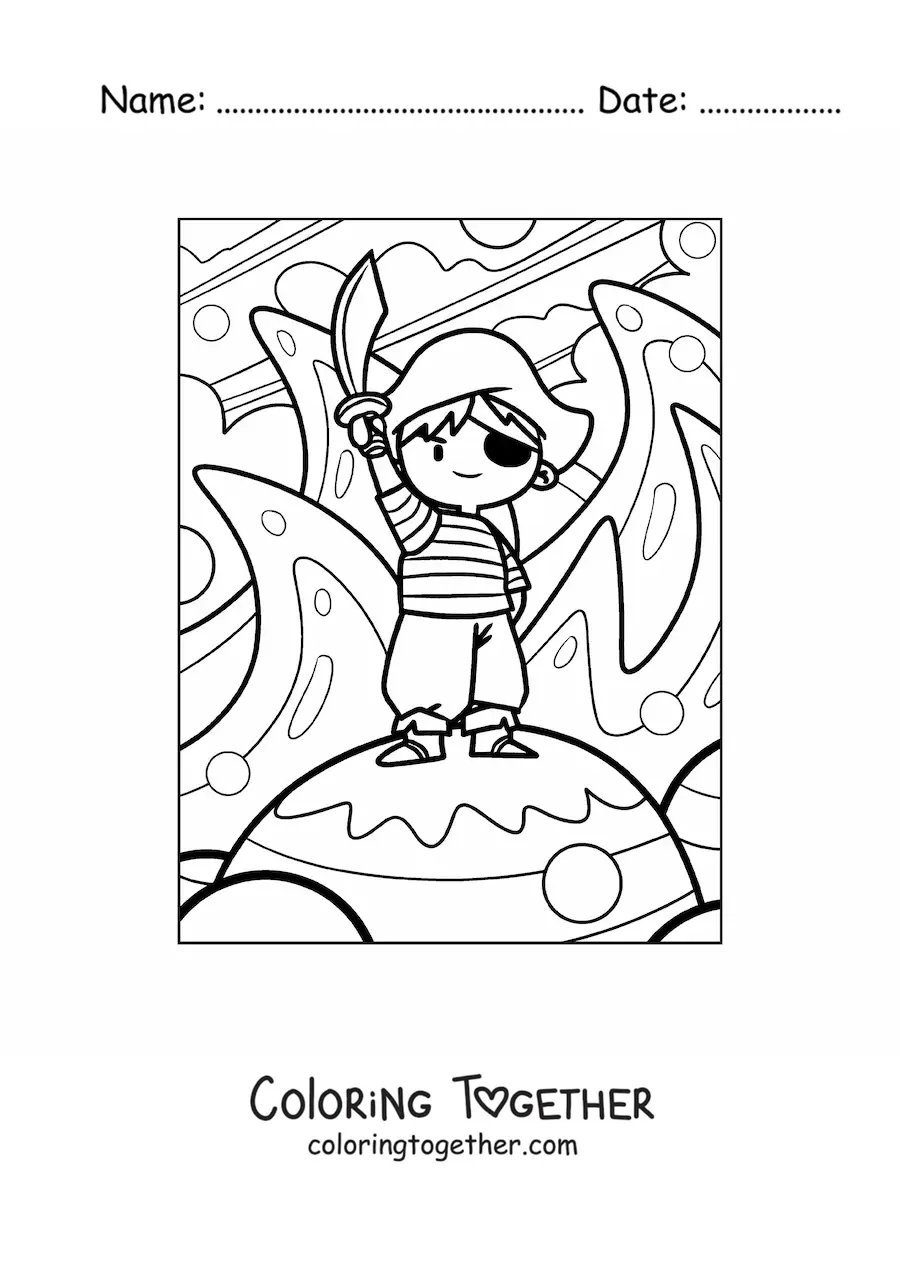 Coloring page of an animated pirate boy with a sword on an island