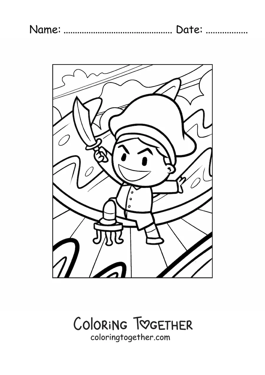 Coloring page of an animated evil pirate with a sword on a ship