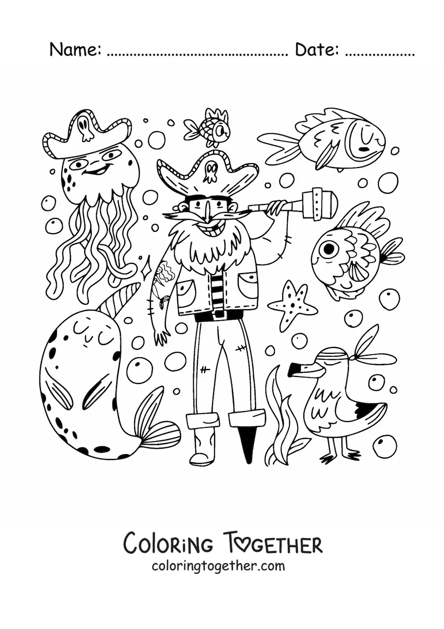 Coloring page of an animated old pirate with sea animals